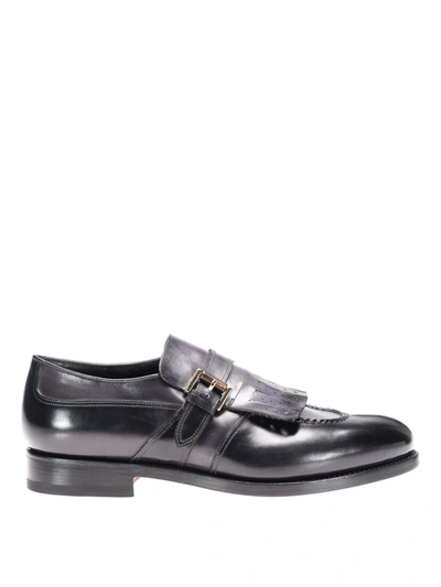 Santoni Leather Loafers With Fringes In Black