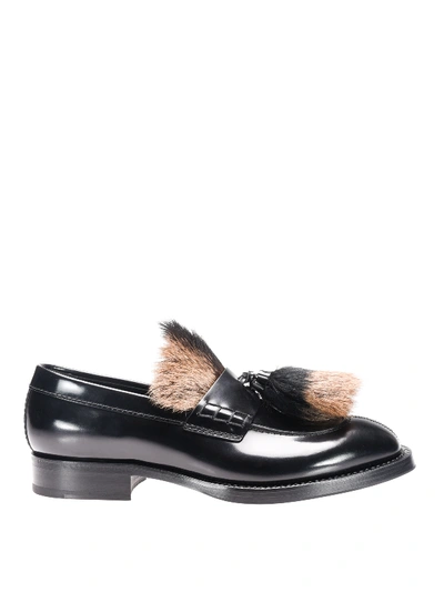 Prada Leather Loafers With Fur Details In Black