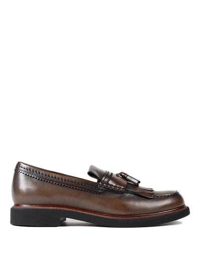 Tod's Glossy Faded Leather Loafers In Dark Brown