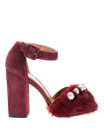 L'autre Chose Lapin Fur And Pearls Suede Sandals In Dark Red