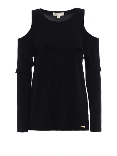 Michael Kors Cut-out Flounced Jersey Blouse In Black