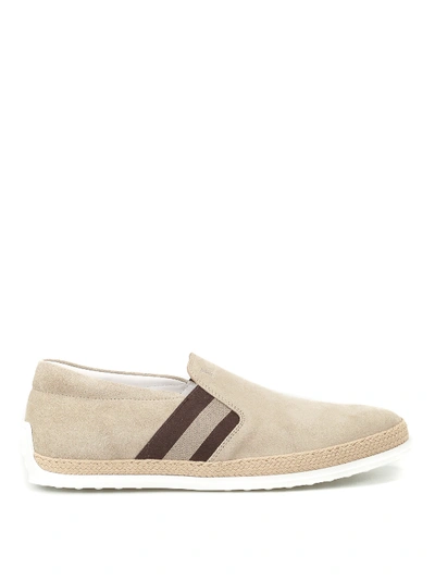 Tod's Raffia Trimmed Beige Suede Slip-ons