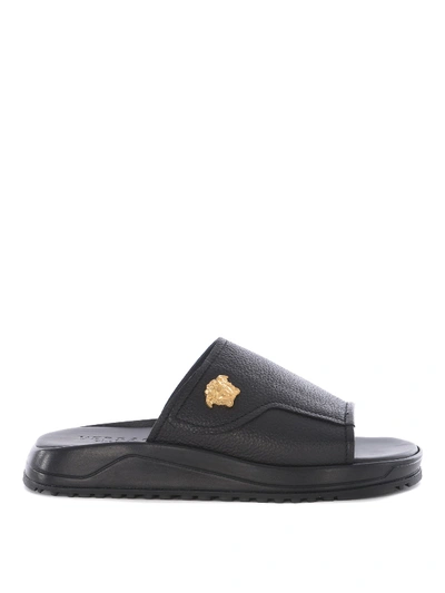 Versace Hammered Leather Slides In Black