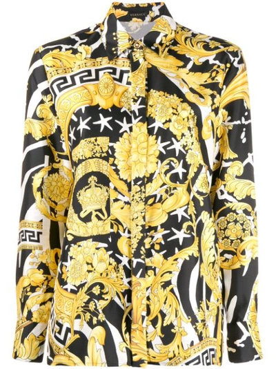Versace Barocco Print Silk Blouse In Yellow