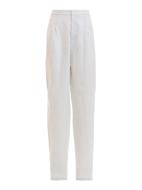Elastic Waist White Linen Trousers 