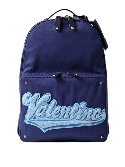 Valentino Garavani Sponge Logo Purple Canvas Backpack In Blue