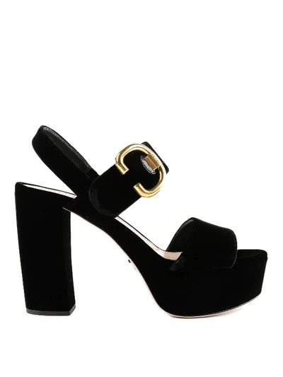 Prada Maxi Platform Velvet Sandals In Black