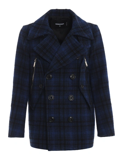 Dsquared2 Checked Wool Single Breasted Peacoat In Dark Blue