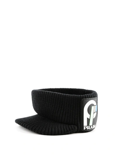 Prada Wool Headband With Visor And Rubber Logo In Black