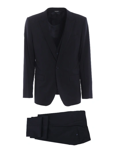 Dolce & Gabbana Dark Blue Light Wool Three-piece Martini Suit