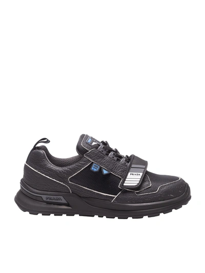 Prada Grain Leather And Tehcno Fabric Sneakers In Black