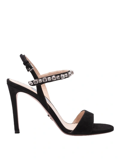 Prada Jewel Strap Suede Heeled Sandals In Black