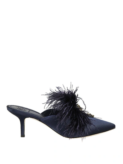 Tory Burch Elodie Satin Jewel Mules With Feathers In Blue