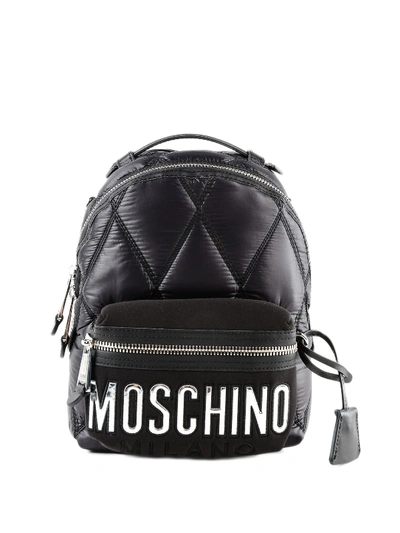 Moschino Silver Logo Patch Detailed Nylon Backpack In Black