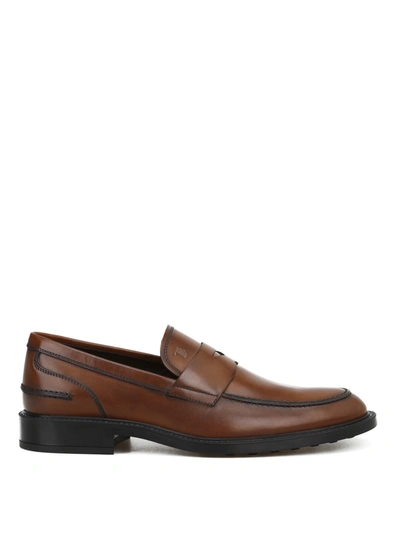 Tod's Faded Glossy Leather Rubber Sole Loafers In Brown