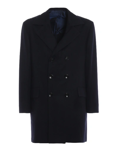 Kiton Soft Cashmere Double-breasted Coat In Dark Blue