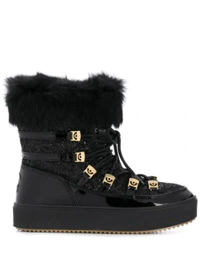 Chiara Ferragni Glittered Patent Leather Snow Boots With Fur In Black