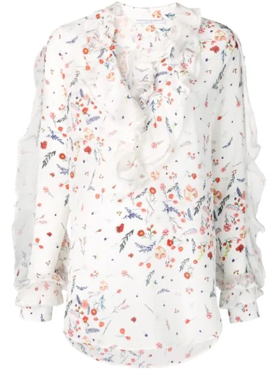 Ermanno Scervino Floral Silk Blouse With Lace Frilled Inserts In Neutrals
