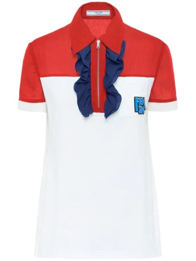 Prada Polo Shirt With Ruffles And Logo Patch In White,red,blue