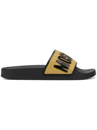 Moschino Appliquéd Glittered Faux Leather Slides In Fuchsia