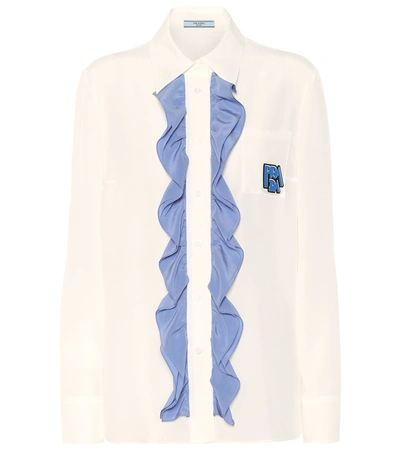 Prada Ruffled Silk Shirt With Logo In White