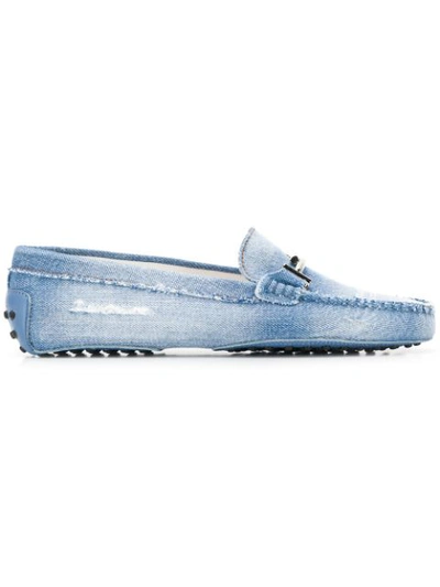 Tod's Double T Gommino Denim Loafers In Light Wash