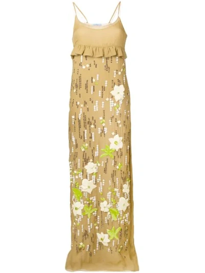 Prada Embellished Chiffon Long Slip Dress In Neutrals