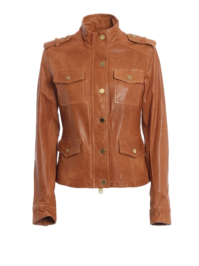Michael Kors Four Pocket Leather Jacket In Light Brown