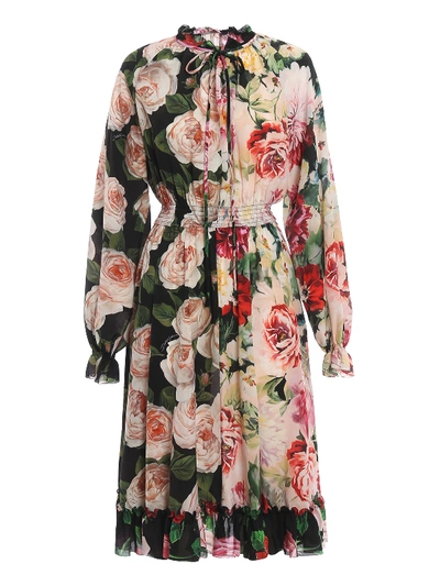 Dolce & Gabbana Flower Print Silk Ruched Dress In Multicolour