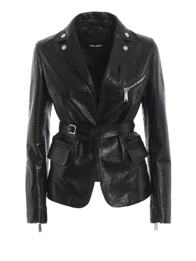 Dsquared2 Black Hammered Leather Belted Jacket