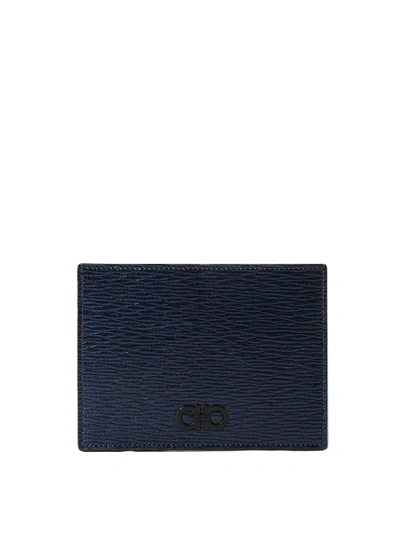 Ferragamo Gancini Blue Textured Leather Card Holder In Dark Blue