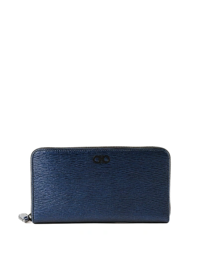 Ferragamo Gancini Blue Textured Leather Wallet In Dark Blue