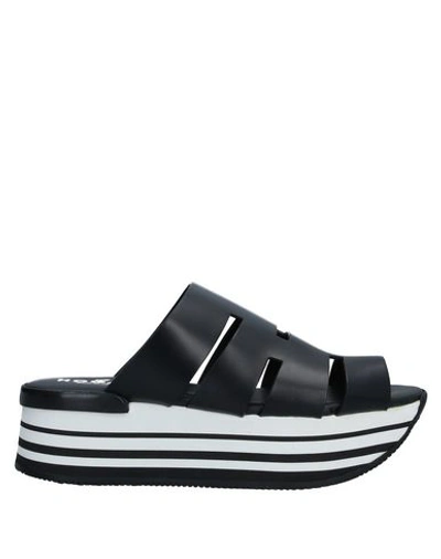 Hogan Black Leather Maxi Platform Slide Sandals