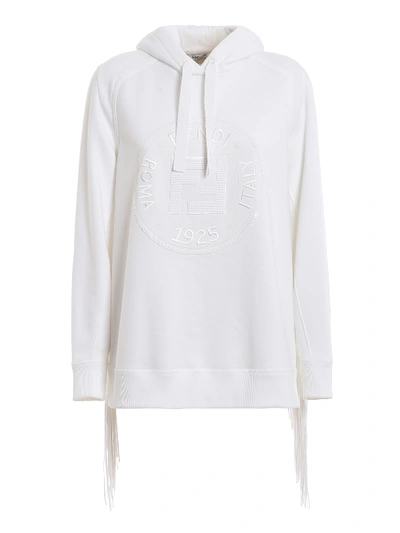 Fendi Fringe Embellished Cotton Logo Hoodie In White