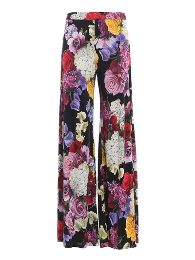 Dolce & Gabbana Hortensia Print Viscose Jersey Wide Leg Pants In Multicolour