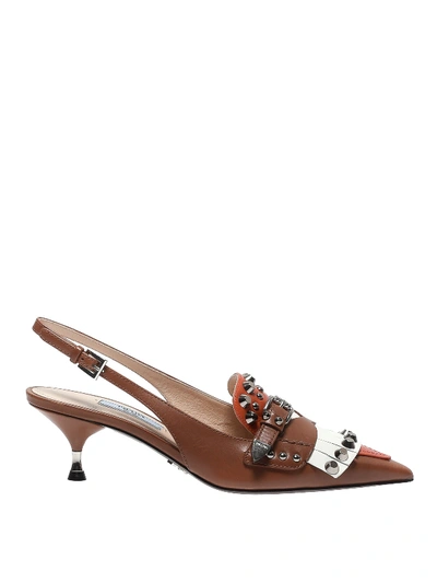 Prada Stud Embellished Calfskin Slingbacks In Light Brown