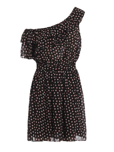 Saint Laurent Star Print One-shoulder Ruffle Crepe Dress In Black