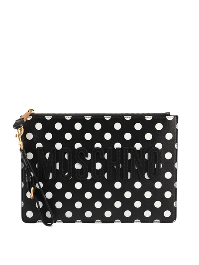 Moschino Logo Lettering Polka Leather Clutch In Black