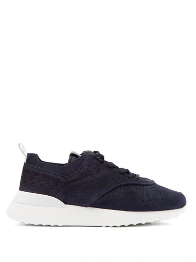 Tod's Navy Perforated Suede Running Sneakers In Blue
