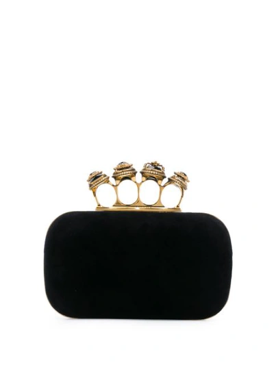 Alexander Mcqueen Jeweled Four-ring Velvet Clutch Bag In Black