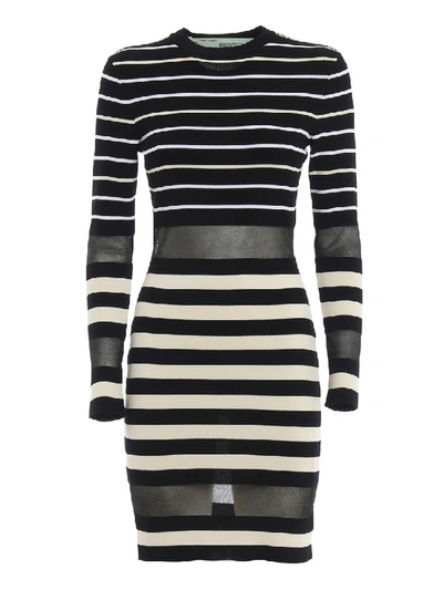 Off-white Striped Knit Viscose Tight Dress In Black