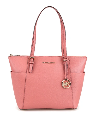 Michael Kors Jet Set Top Zip Rose Leather Tote In Dark Pink