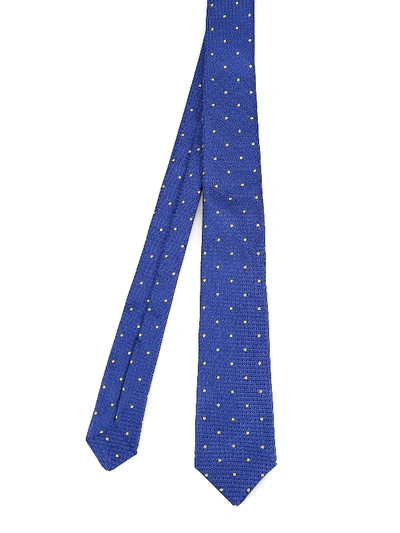 Kiton Royal Blue Silk Tie With Yellow Polka Dots