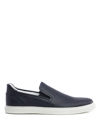 Corneliani Blue Textured Leather Slip-ons In Dark Blue