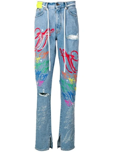 Off-white Multicolor Embroidered Denim Cargo Pants In Bleach Multi