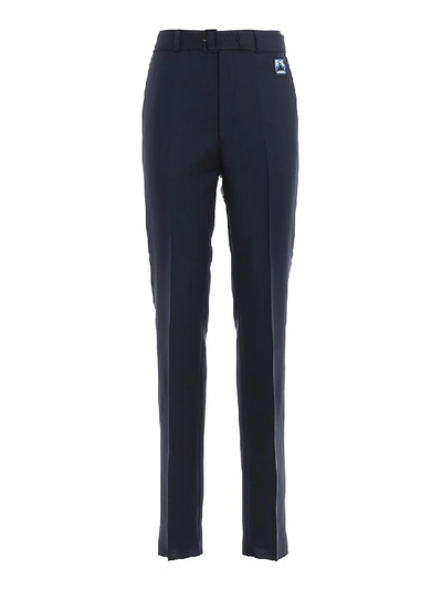 Prada Belted Blue Mohair And Wool Blend Trousers In Black