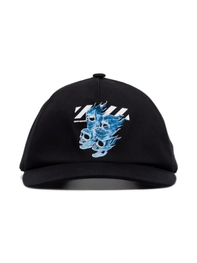 Off-white Black Skulls Stripe Print Cotton Baseball Cap