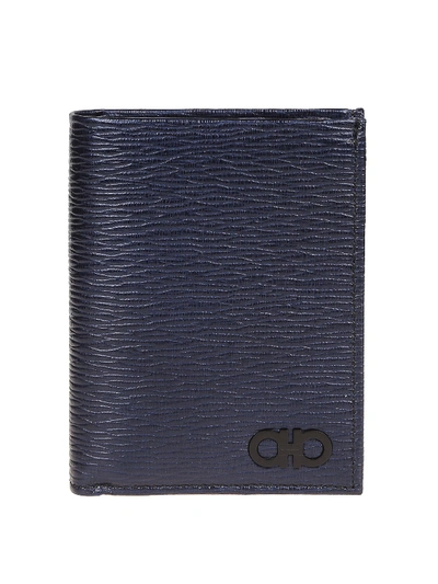 Ferragamo Gancini Hammered Leather Wallet In Blue