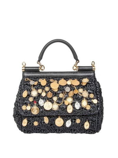 Dolce & Gabbana Sicily Small Raffia Crochet Bag With Charms In Black