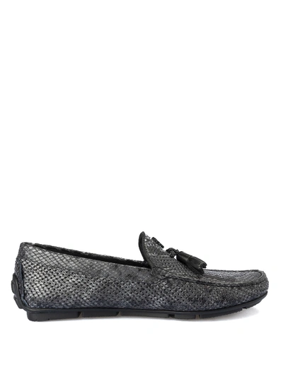 Roberto Cavalli Snake Print Grey Leather Loafers